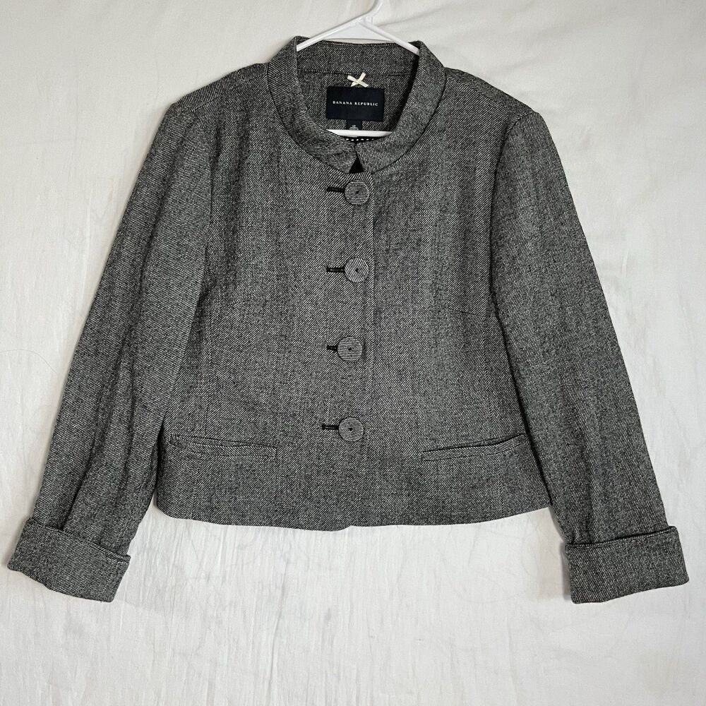 Banana Republic Blazer Womens 12 Black Short Lined Four Button Wool Jacket